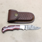 NEW 2.75" Damascus Folding Knife w/ Sheath - Red #04066801