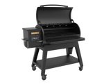 Black grill on white background with lid open