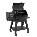 Black grill on white background with open lid