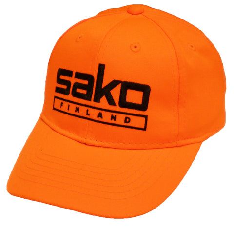 Blaze orange hunting ball cap with black font "Sako Finland" on the front