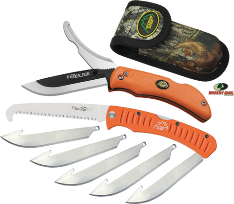 knife with orange handle and camo holder